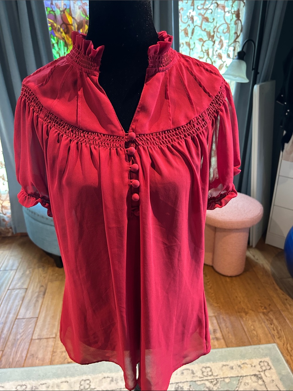 Worthington Red Ruffled Smocked Short-Sleeve Blouse